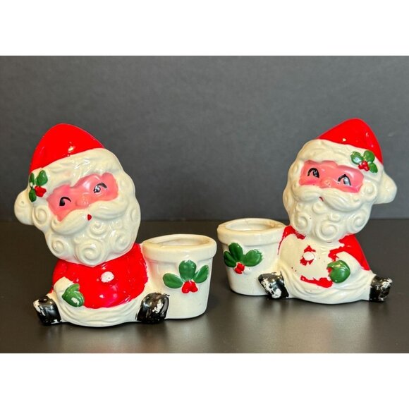 Vintage Santa Claus Ceramic Candle Holders Set Of 2 Festive Christmas Decor Red - Picture 1 of 16